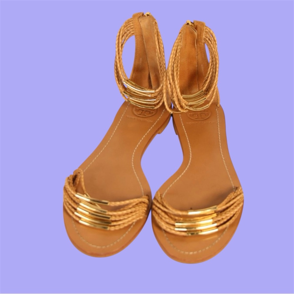 Tory Burch Sandals Brown Gold Mignon Rings  Ankle Strap Luxury Glam Size 8.5